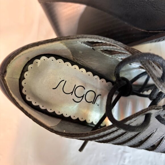 Sugar Kiara Black Strappy Lace-Up Wedge Sandals Women's 6 Boho Gladiator Cutout - Picture 5 of 7